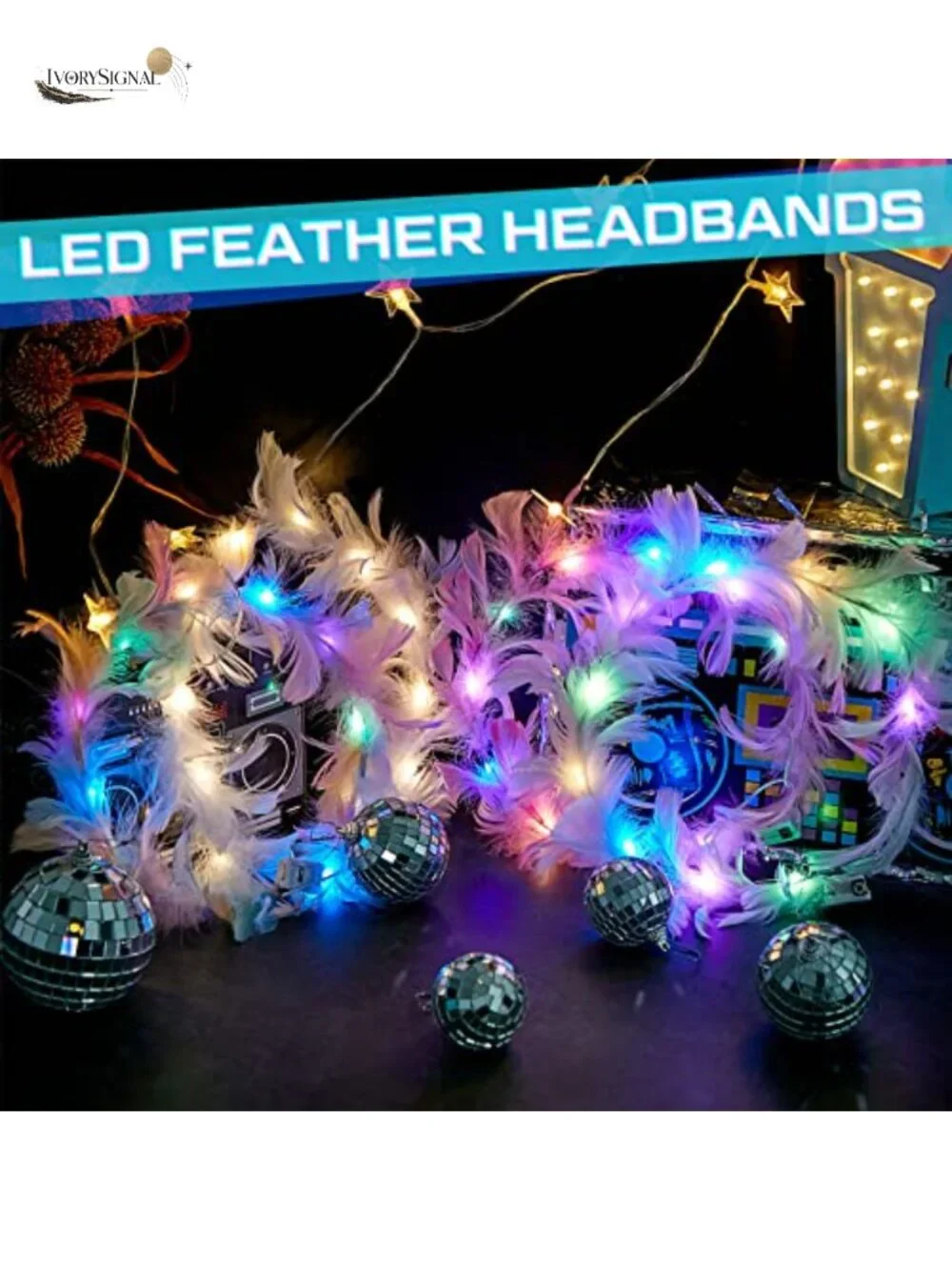 20 LED Feather Crown Headbands Wedding Party Hair Accessories
